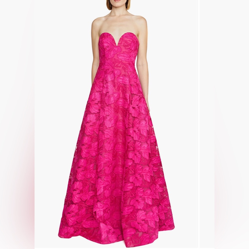 Monique Lhuillier Francine Strapless Fuchsia Floral Jacquard Gown